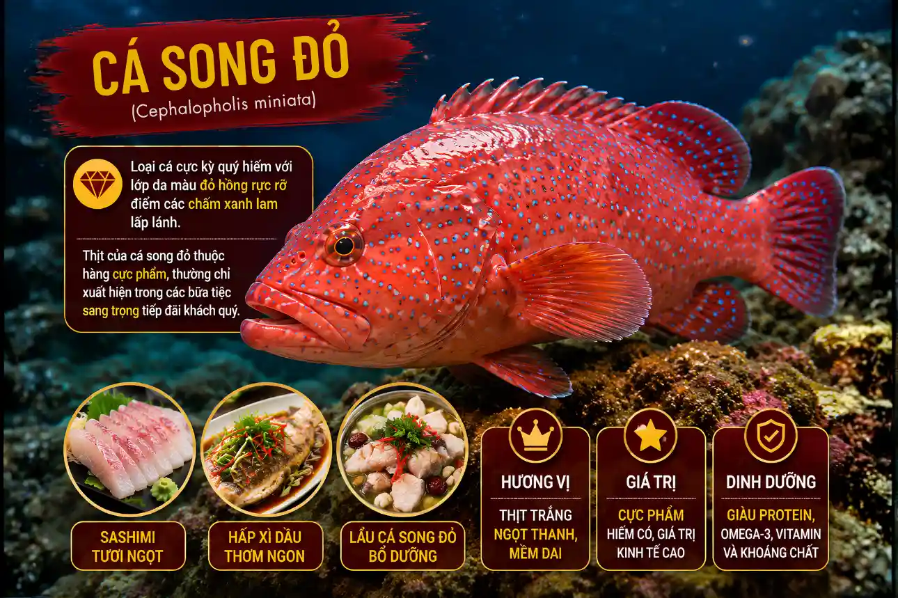 Cá song đỏ nổi bật với màu đỏ hồng đặc trưng và thịt trắng ngọt giàu dinh dưỡng