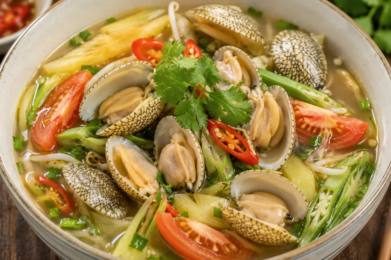 Canh chua ngao hoa với cà chua, dứa và rau củ tạo hương vị thanh mát dễ ăn