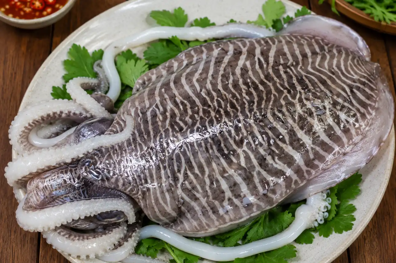Mực mai tươi sống với thân dày, thịt ngọt và kích thước lớn đặc trưng