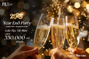 Poster quảng cáo tiệc Year End Party 2025 tại nhà hàng Ngọc Phương Nam với ưu đãi chỉ từ 350.000 VNĐ/khách